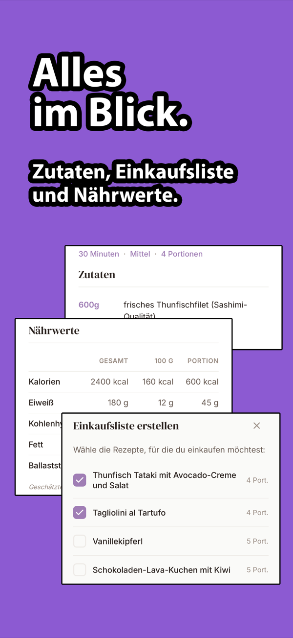 Nährwerte & Einkaufsliste